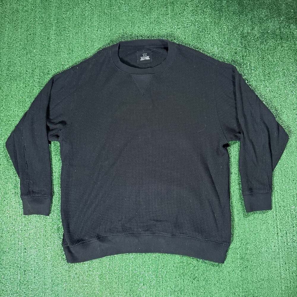 Womens Aerie Black Waffle Knit Crewneck Pullover Sweatshirt Size Medium
